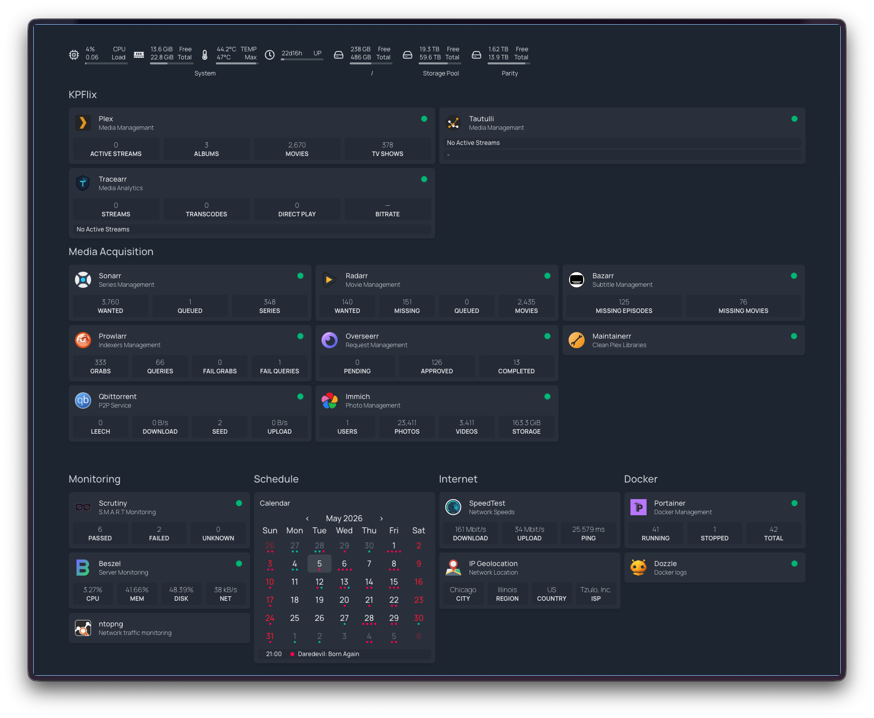Homepage dashboard with tiles for the running services, monitoring tools, and Docker management